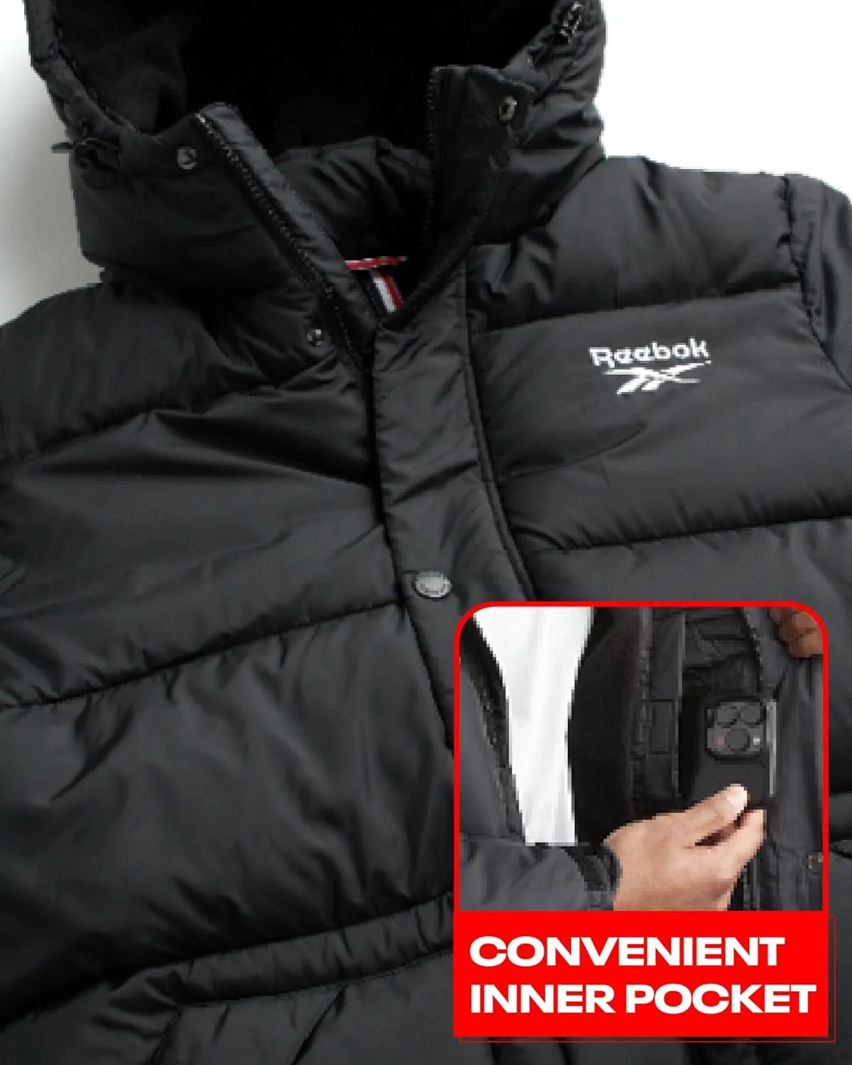 Reebok Mens Puffer Jacket - Heavyweight Quilted Mens Jacket with Hood - Weather Resistant Parka Winter Jackets for Men
