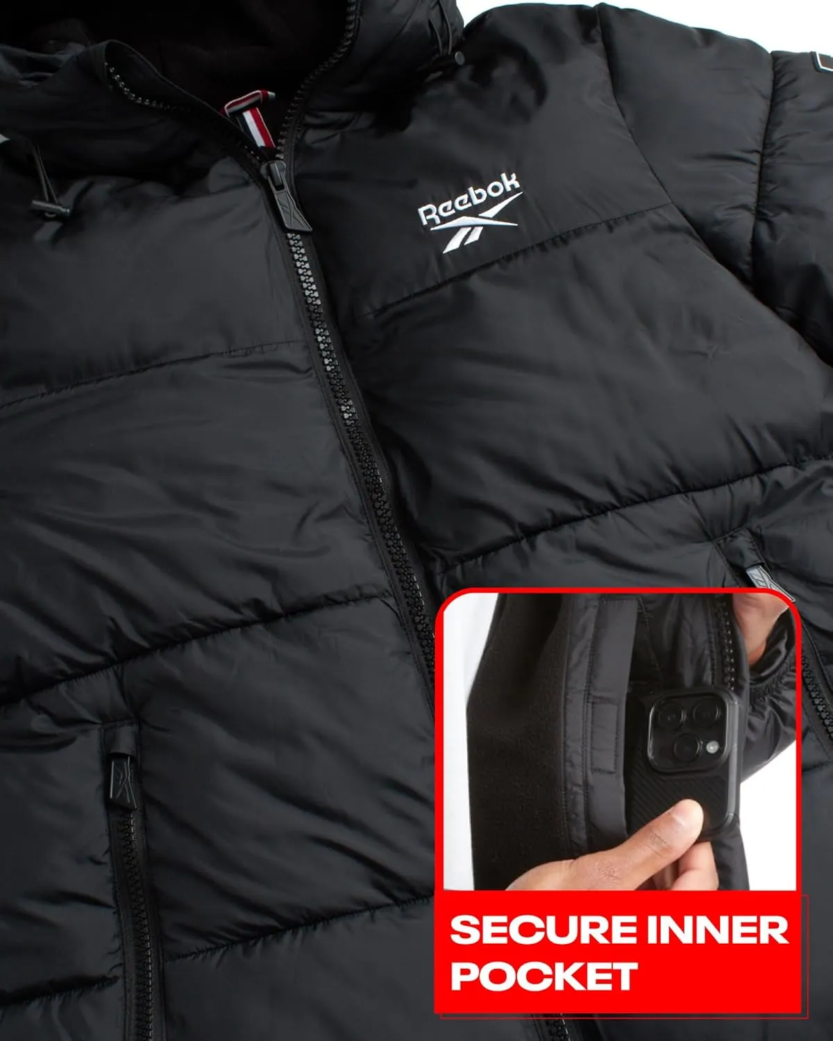 Reebok Mens Puffer Jacket - Heavyweight Quilted Mens Jacket with Wide Hood - Weather Resistant Winter Jackets for Men (S-XL)