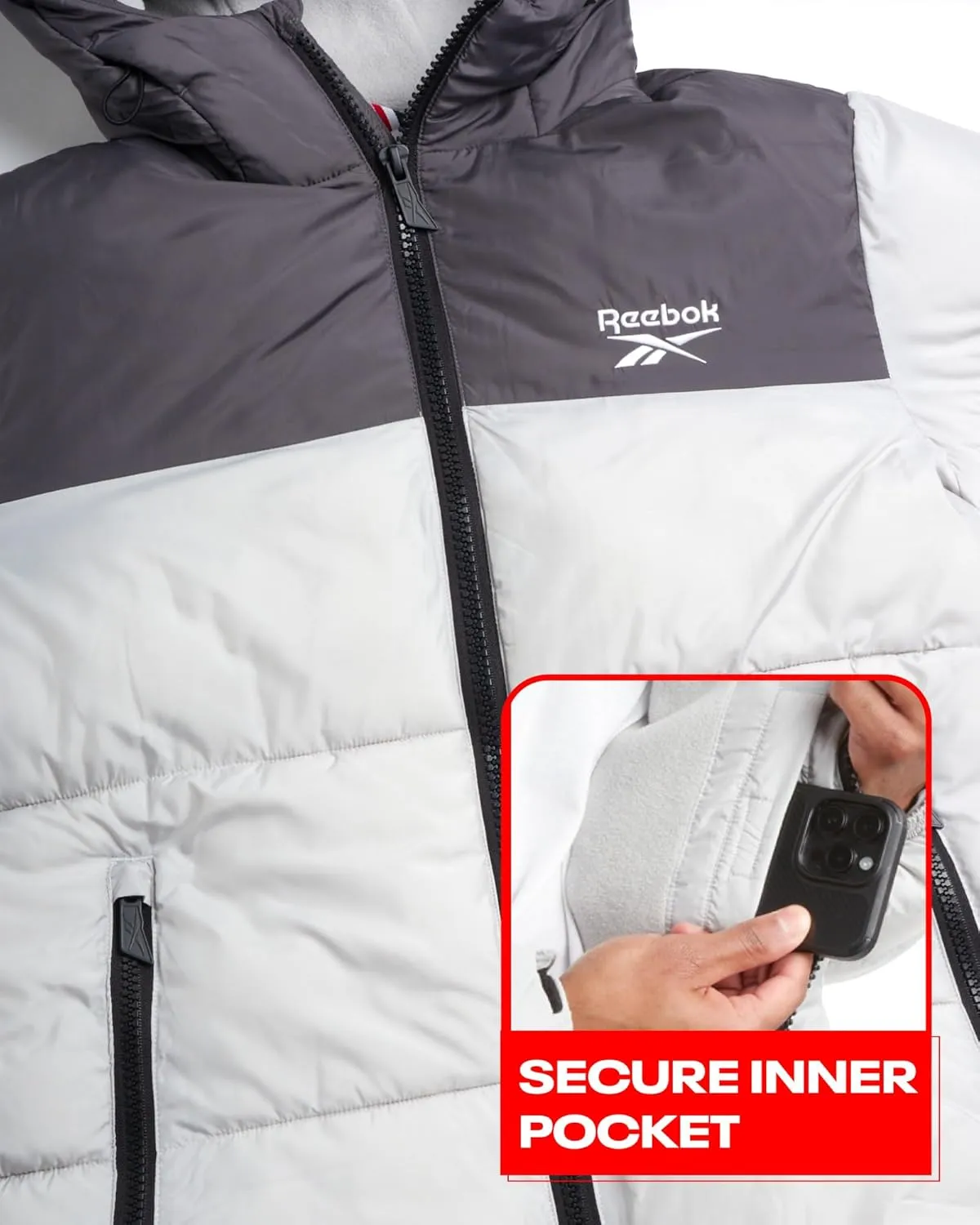 Reebok Mens Puffer Jacket - Heavyweight Quilted Mens Jacket with Wide Hood - Weather Resistant Winter Jackets for Men (S-XL)