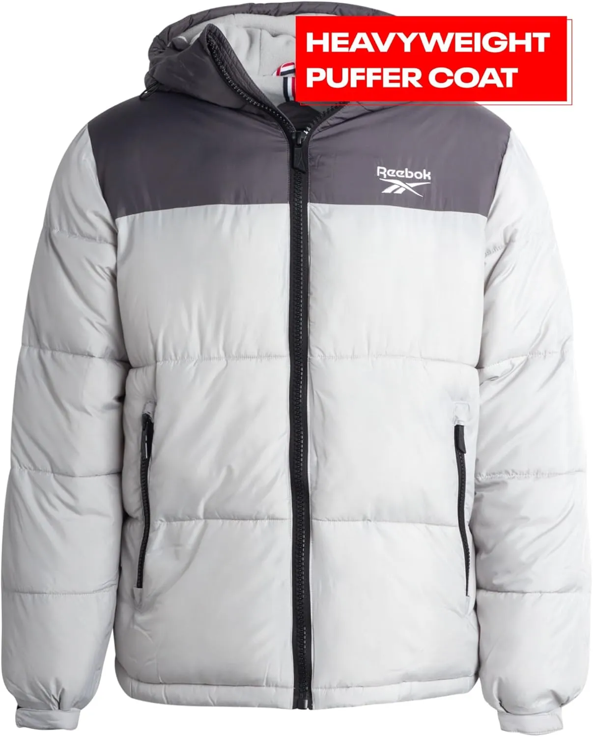 Reebok Mens Puffer Jacket - Heavyweight Quilted Mens Jacket with Wide Hood - Weather Resistant Winter Jackets for Men (S-XL)