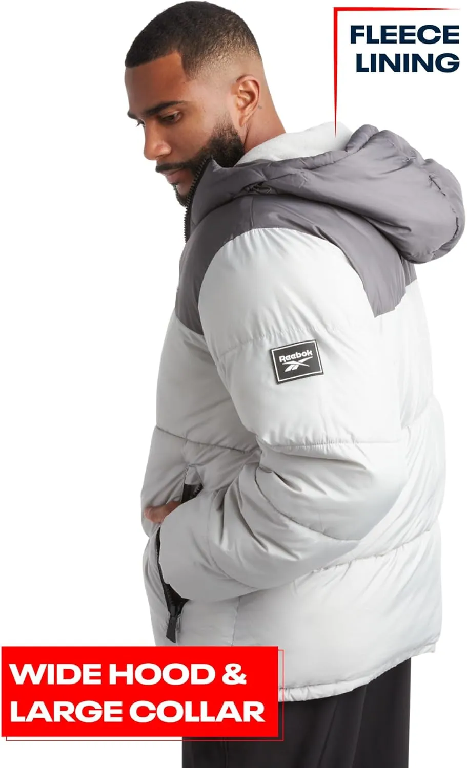 Reebok Mens Puffer Jacket - Heavyweight Quilted Mens Jacket with Wide Hood - Weather Resistant Winter Jackets for Men (S-XL)
