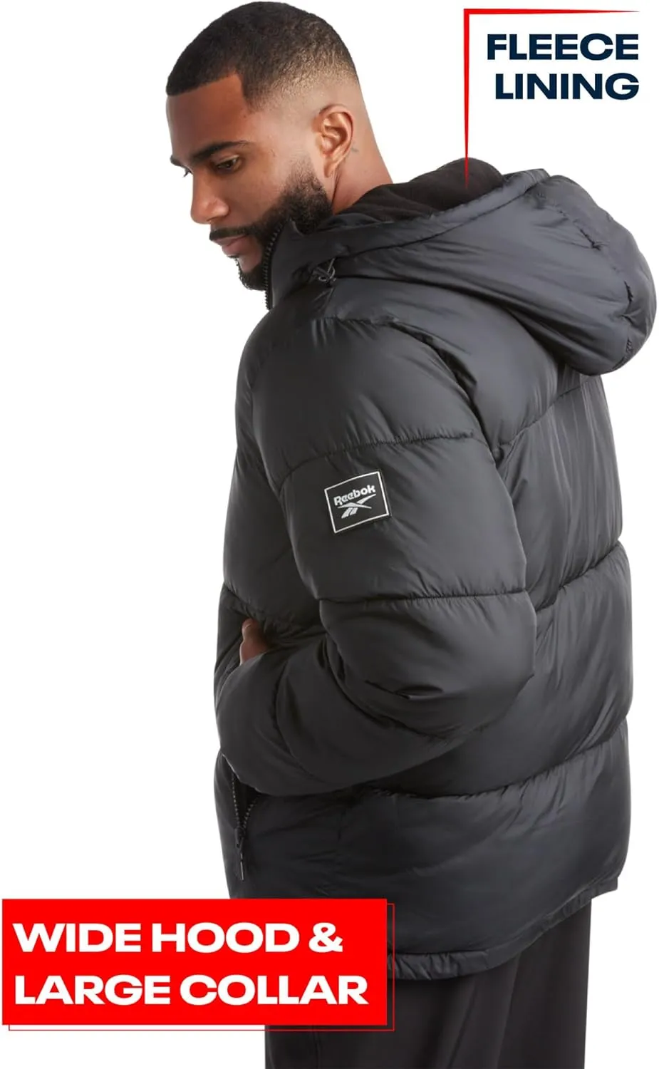 Reebok Mens Puffer Jacket - Heavyweight Quilted Mens Jacket with Wide Hood - Weather Resistant Winter Jackets for Men (S-XL)