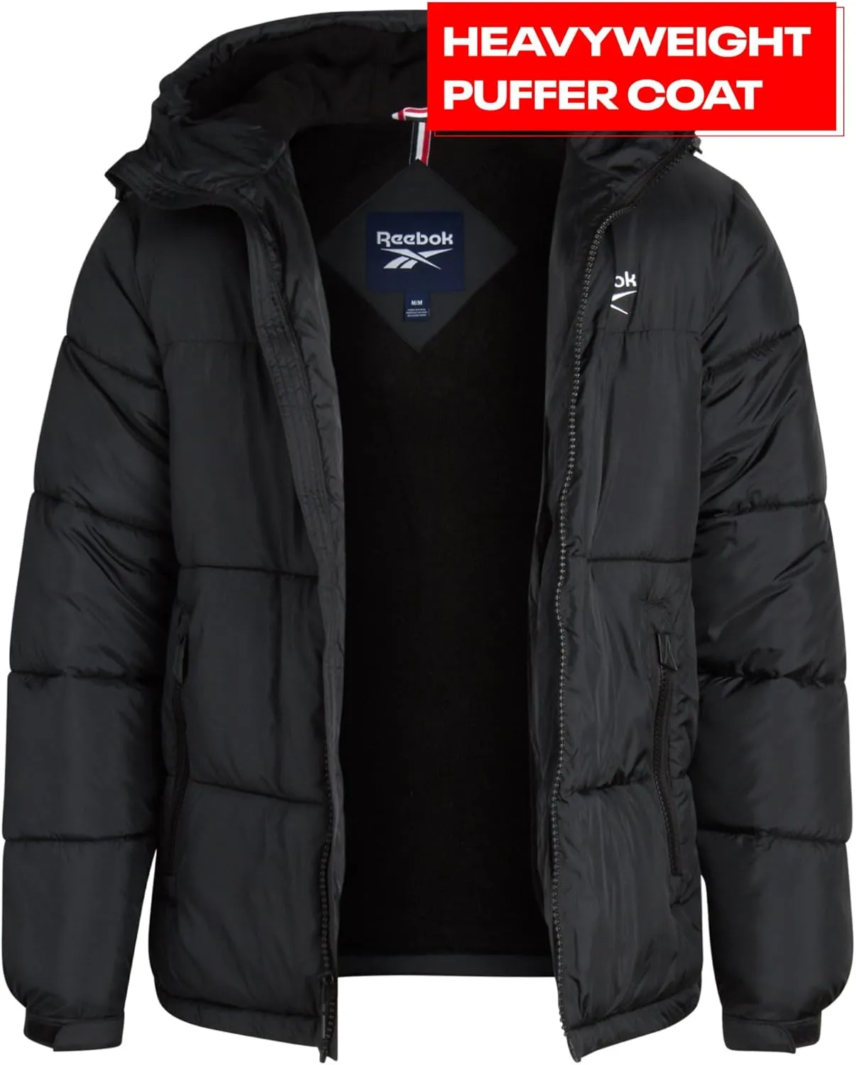 Reebok Mens Puffer Jacket - Heavyweight Quilted Mens Jacket with Wide Hood - Weather Resistant Winter Jackets for Men (S-XL)