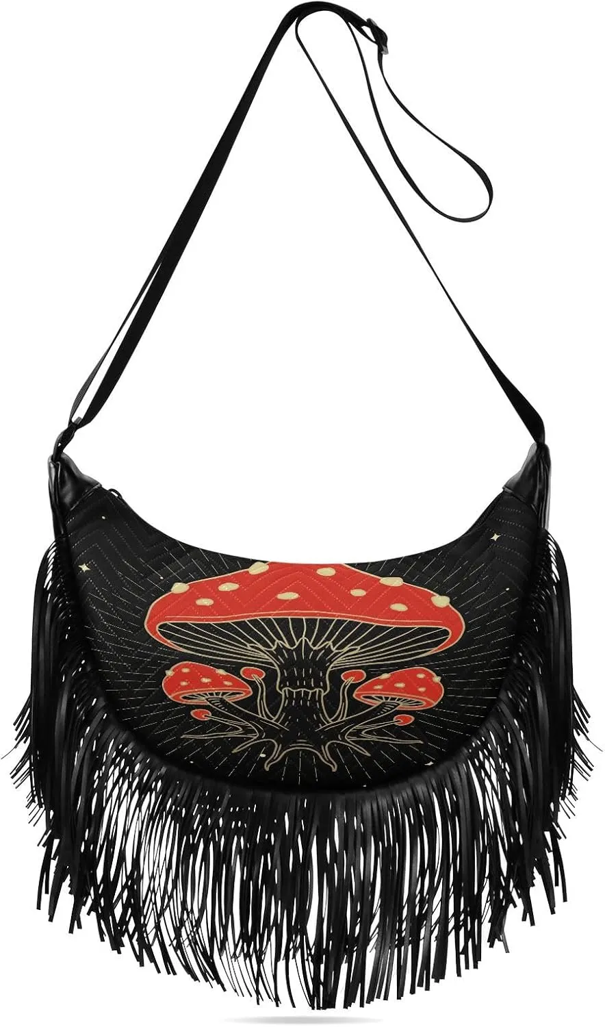 Reed-mushroom-pattern Women Tassel Fringe Shoulder bag, Fringe Purse Crossbody, Women Tassel Hobo Bag with Zipper