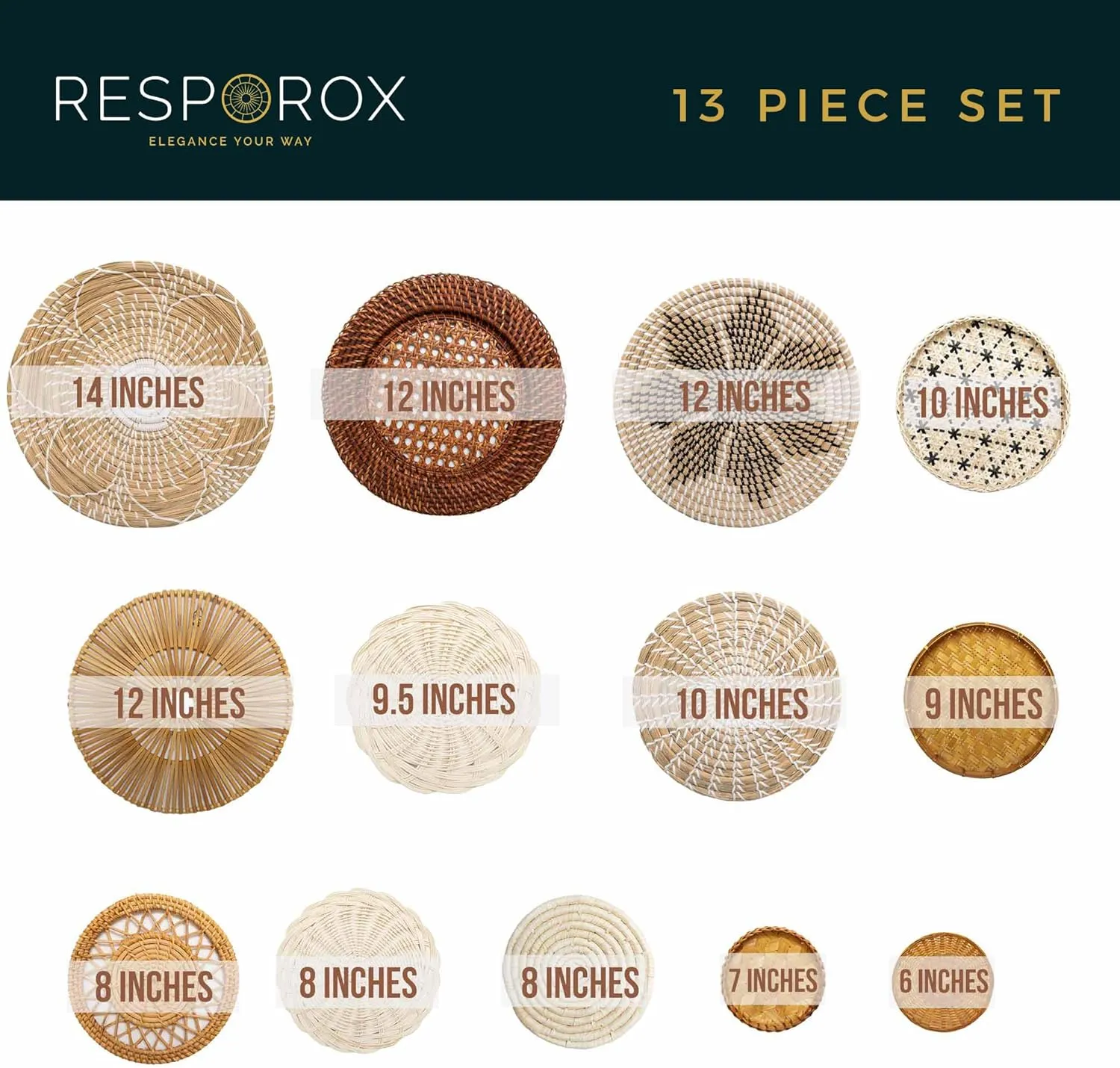 RESPOROX ELEGANCE YOUR WAY Set of 13 Hanging Woven Baskets for Wall Decor - Handcrafted Bamboo, Rattan & Seagrass Baskets come with Hanger Nails, Marking Pencil & Templates