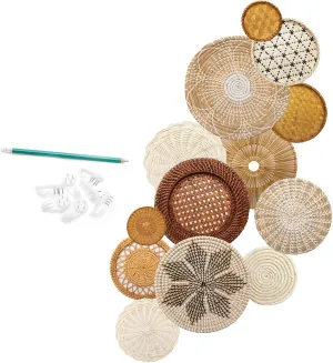 RESPOROX ELEGANCE YOUR WAY Set of 13 Hanging Woven Baskets for Wall Decor - Handcrafted Bamboo, Rattan & Seagrass Baskets come with Hanger Nails, Marking Pencil & Templates