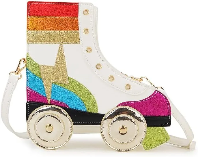 Retro Gifts by Roka: Fun Rainbow Glitter Roller Skate Women Handbag Novelty Crossbody Dazzing Shoulder Bag