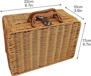 Retro Plastic Wicker Suitcase, Rattan Suitcase Box with Leather Strap Lock, Wicker Picnic Basket Storage Box for Picnic Outside Party