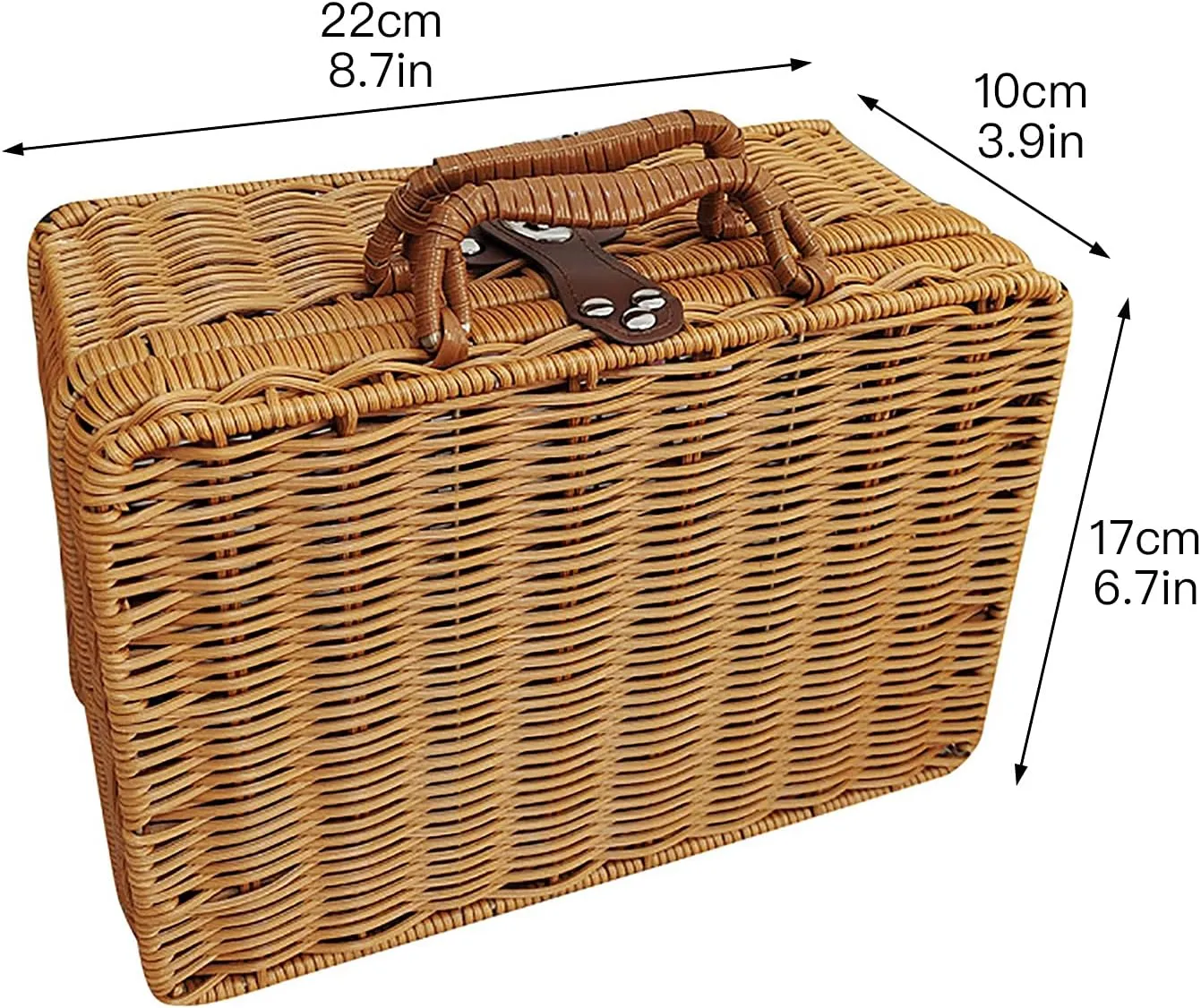 Retro Plastic Wicker Suitcase, Rattan Suitcase Box with Leather Strap Lock, Wicker Picnic Basket Storage Box for Picnic Outside Party