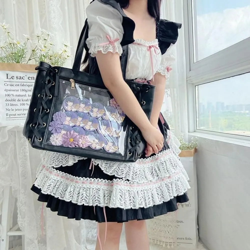 Ribbon Ita Bag Pins Display Single Shoulder Crossbody Bag PU Leather Big Capacity Tote Bag with Zipper and Insert (Burgundy)