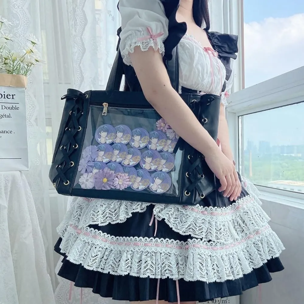 Ribbon Ita Bag Pins Display Single Shoulder Crossbody Bag PU Leather Big Capacity Tote Bag with Zipper and Insert (Burgundy)