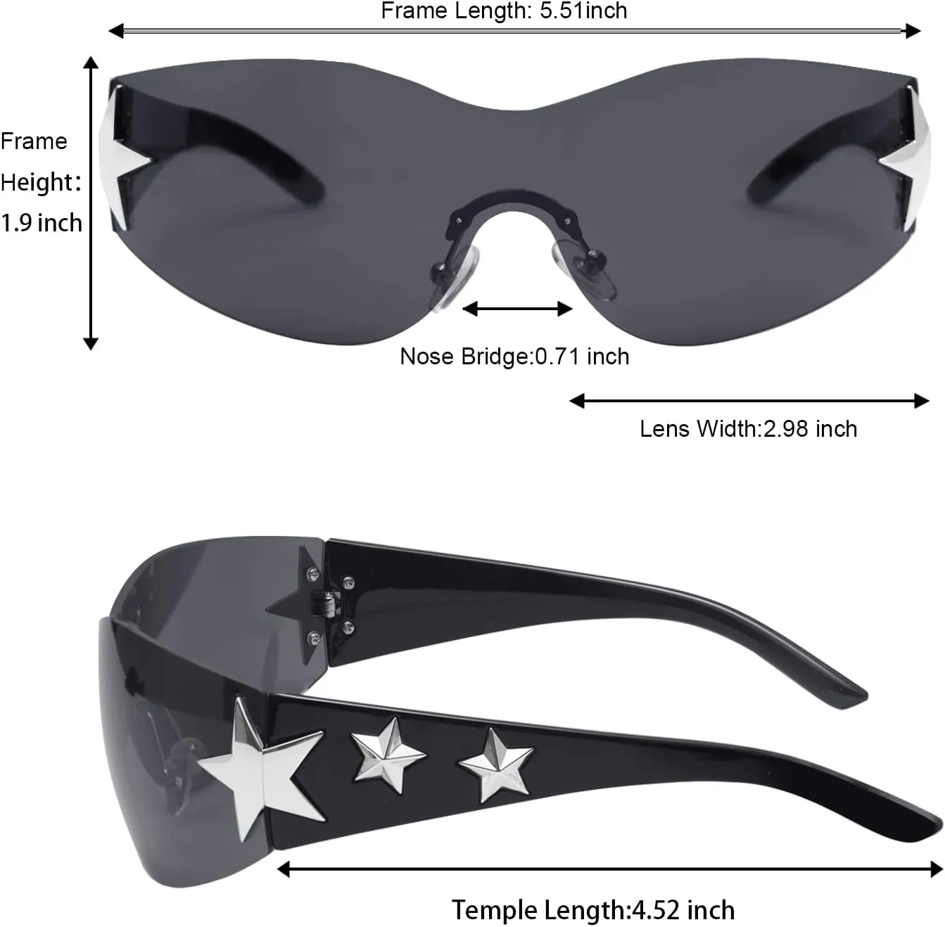 Rimless Y2K Sunglasses Star Wrap Around Glasses 2000S Accessories for Women Men Trendy Fashion Cool Shield Shades