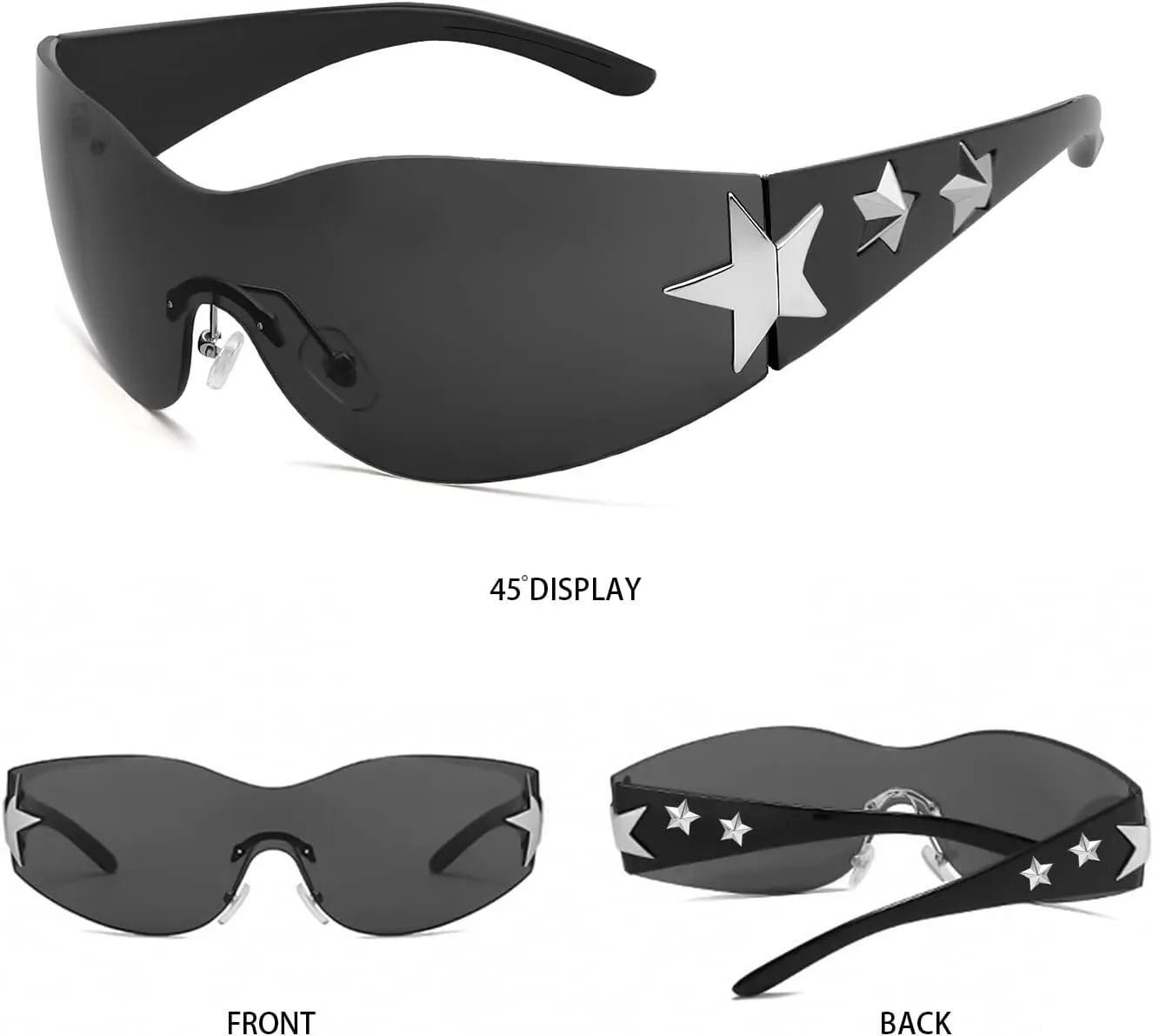 Rimless Y2K Sunglasses Star Wrap Around Glasses 2000S Accessories for Women Men Trendy Fashion Cool Shield Shades