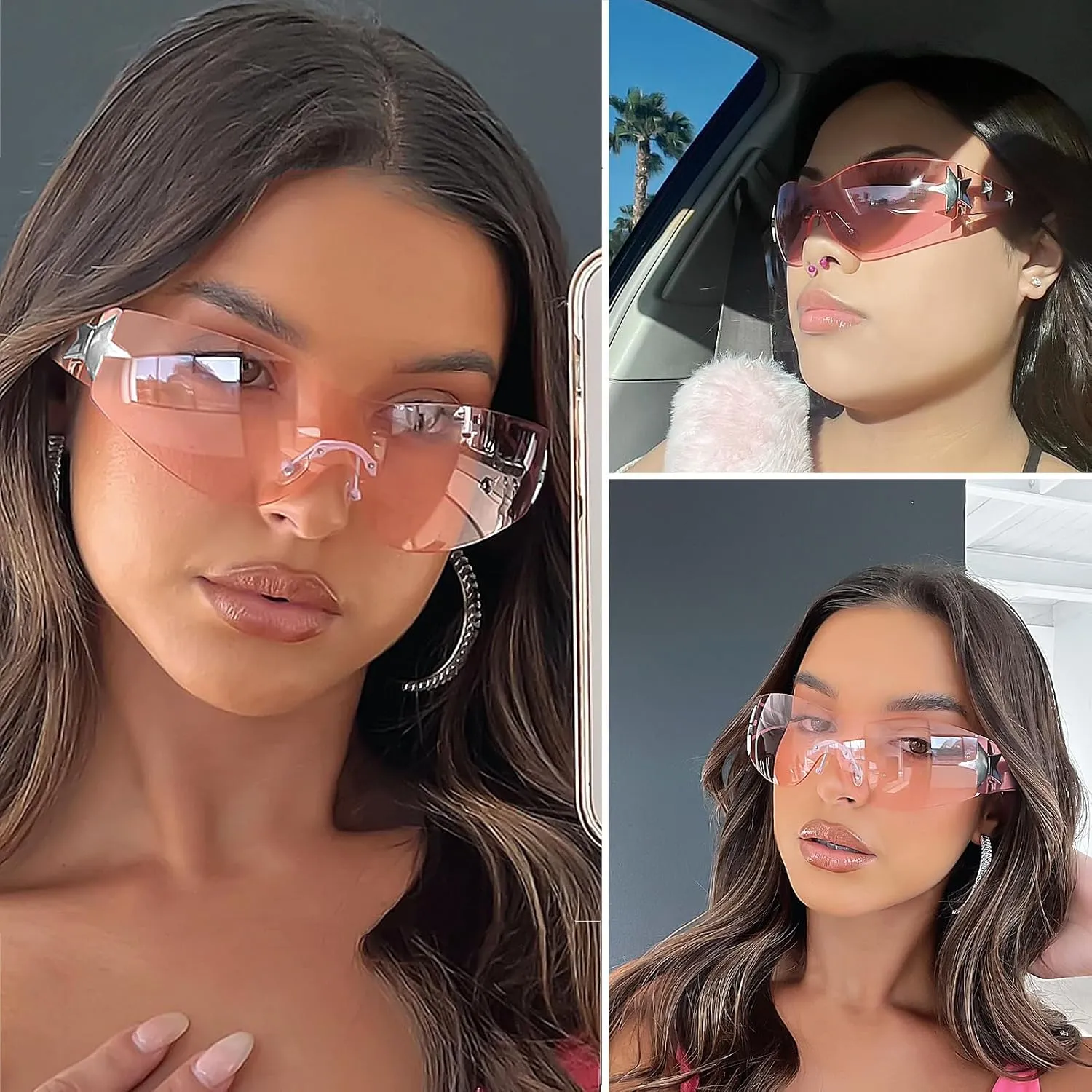 Rimless Y2K Sunglasses Star Wrap Around Glasses 2000S Accessories for Women Men Trendy Fashion Cool Shield Shades