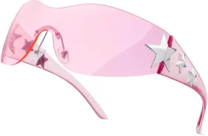 Rimless Y2K Sunglasses Star Wrap Around Glasses 2000S Accessories for Women Men Trendy Fashion Cool Shield Shades