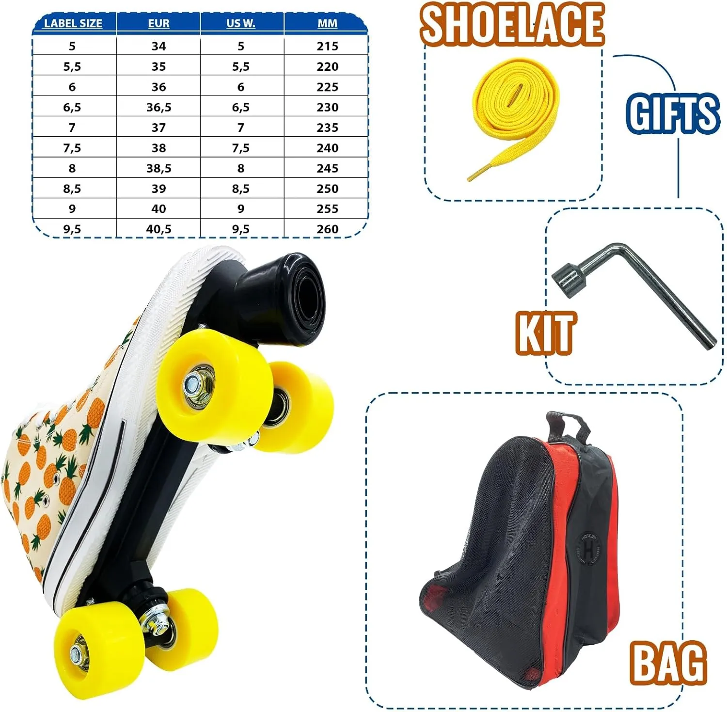 Roller Skates for Women with Bags- Adjustable Double Row Canvas Roller Skates for Girls Strawberry and Pineapple Themed Design- Quad Wheel High Top Canvas Sneaker Style