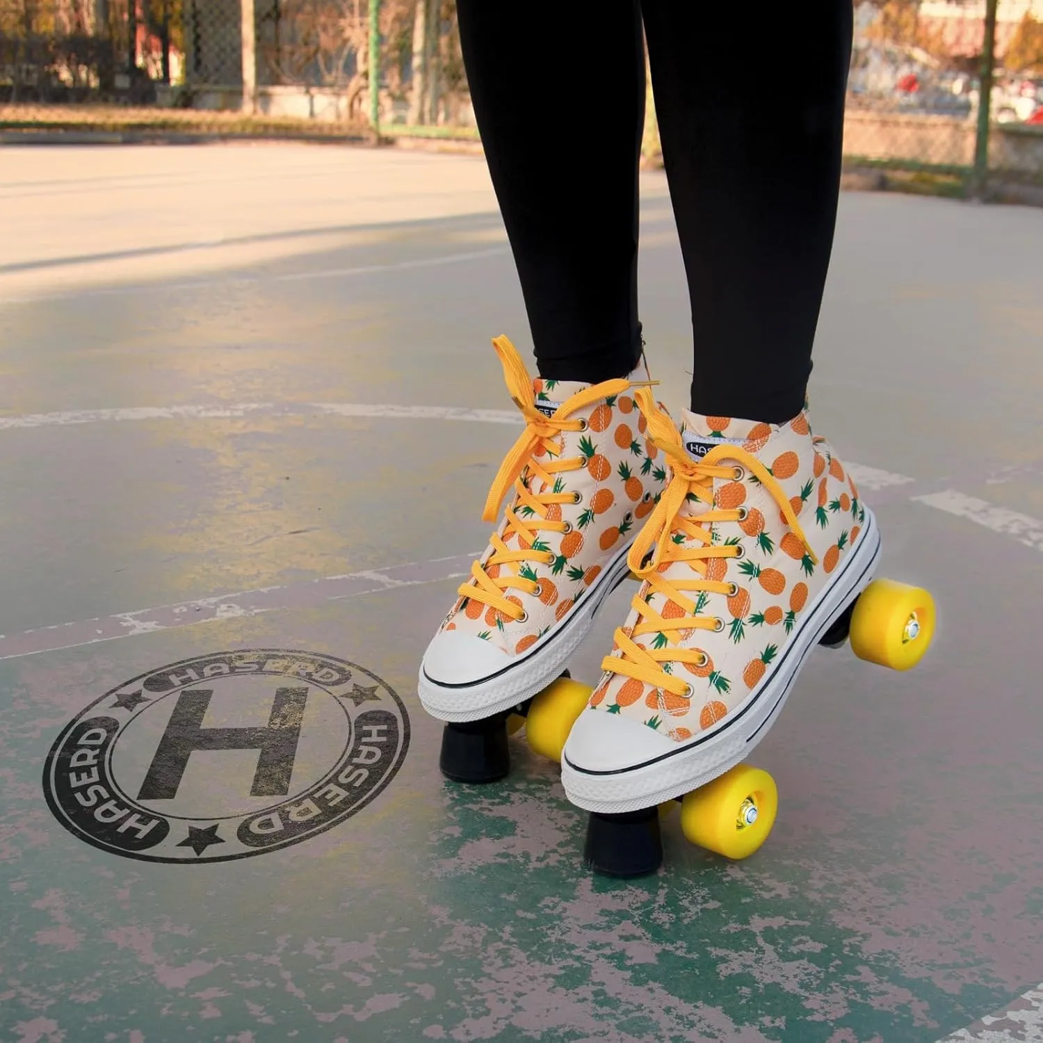 Roller Skates for Women with Bags- Adjustable Double Row Canvas Roller Skates for Girls Strawberry and Pineapple Themed Design- Quad Wheel High Top Canvas Sneaker Style