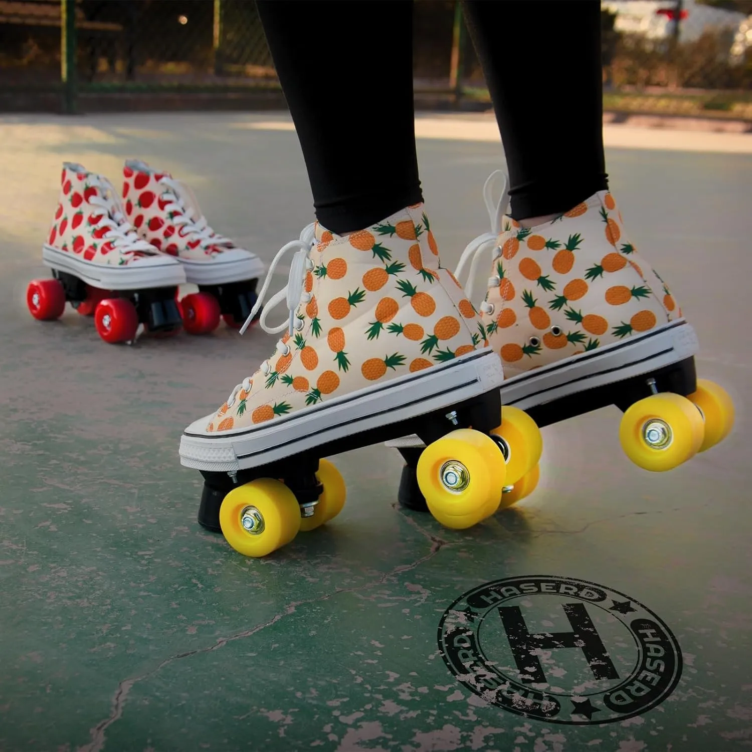 Roller Skates for Women with Bags- Adjustable Double Row Canvas Roller Skates for Girls Strawberry and Pineapple Themed Design- Quad Wheel High Top Canvas Sneaker Style