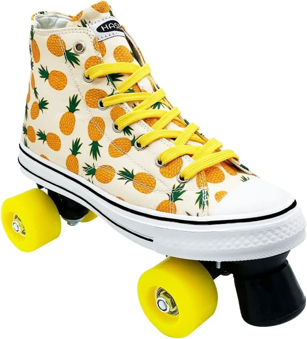 Roller Skates for Women with Bags- Adjustable Double Row Canvas Roller Skates for Girls Strawberry and Pineapple Themed Design- Quad Wheel High Top Canvas Sneaker Style