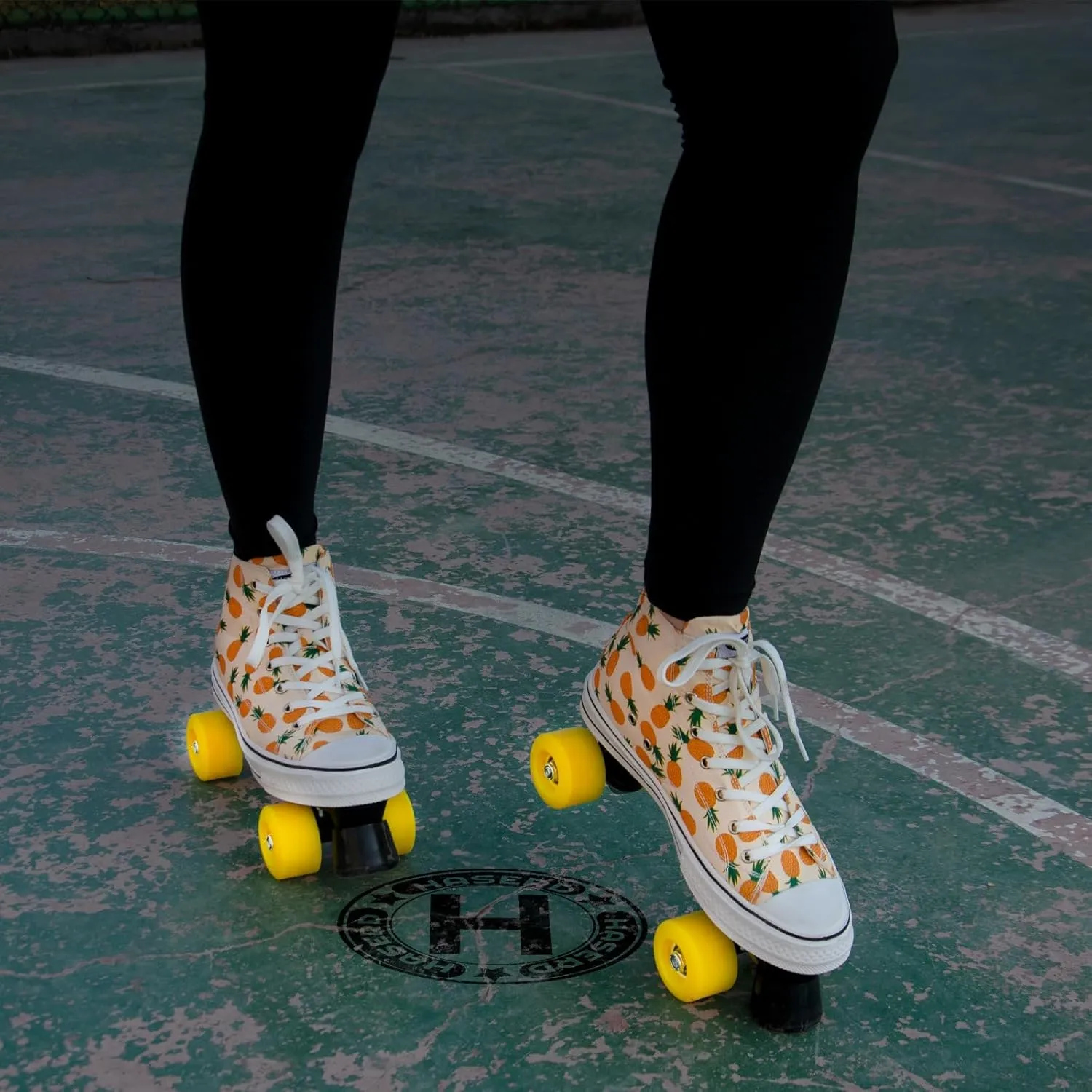 Roller Skates for Women with Bags- Adjustable Double Row Canvas Roller Skates for Girls Strawberry and Pineapple Themed Design- Quad Wheel High Top Canvas Sneaker Style