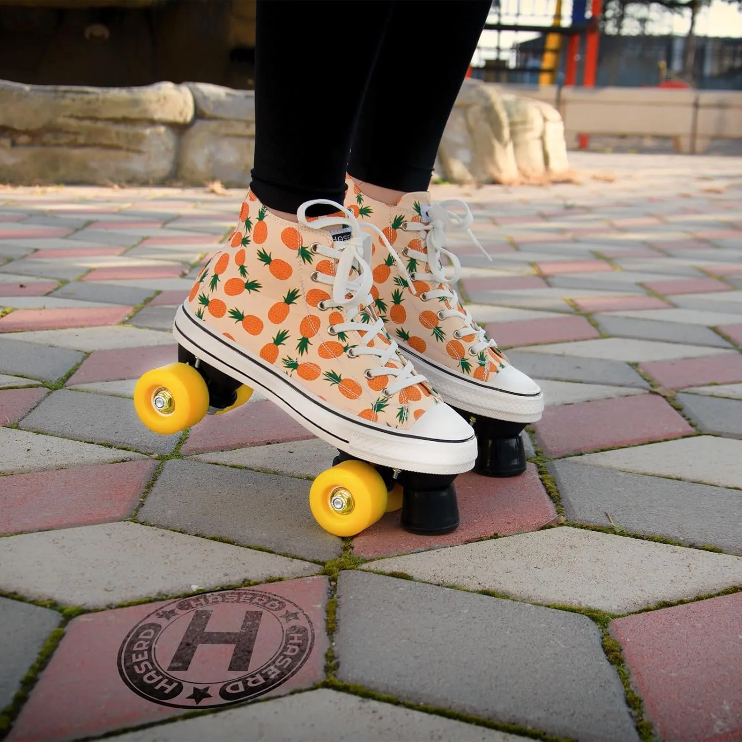 Roller Skates for Women with Bags- Adjustable Double Row Canvas Roller Skates for Girls Strawberry and Pineapple Themed Design- Quad Wheel High Top Canvas Sneaker Style