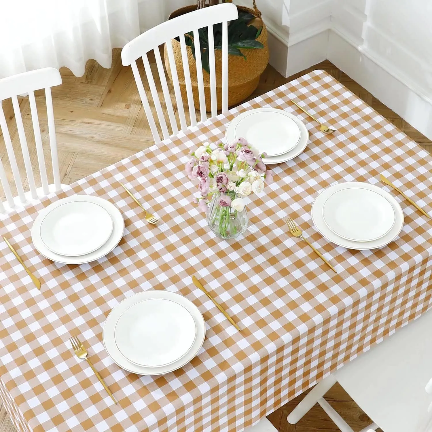 Romanstile Rectangle Vinyl PVC Tablecloth, 100% Waterproof Buffalo Plaid Plastic Table Cloth, Oil Proof Heavy Duty Wipeable Table Covers for Dining/Camping/Picnic/Outdoor - 54 x 108, Coffee and White