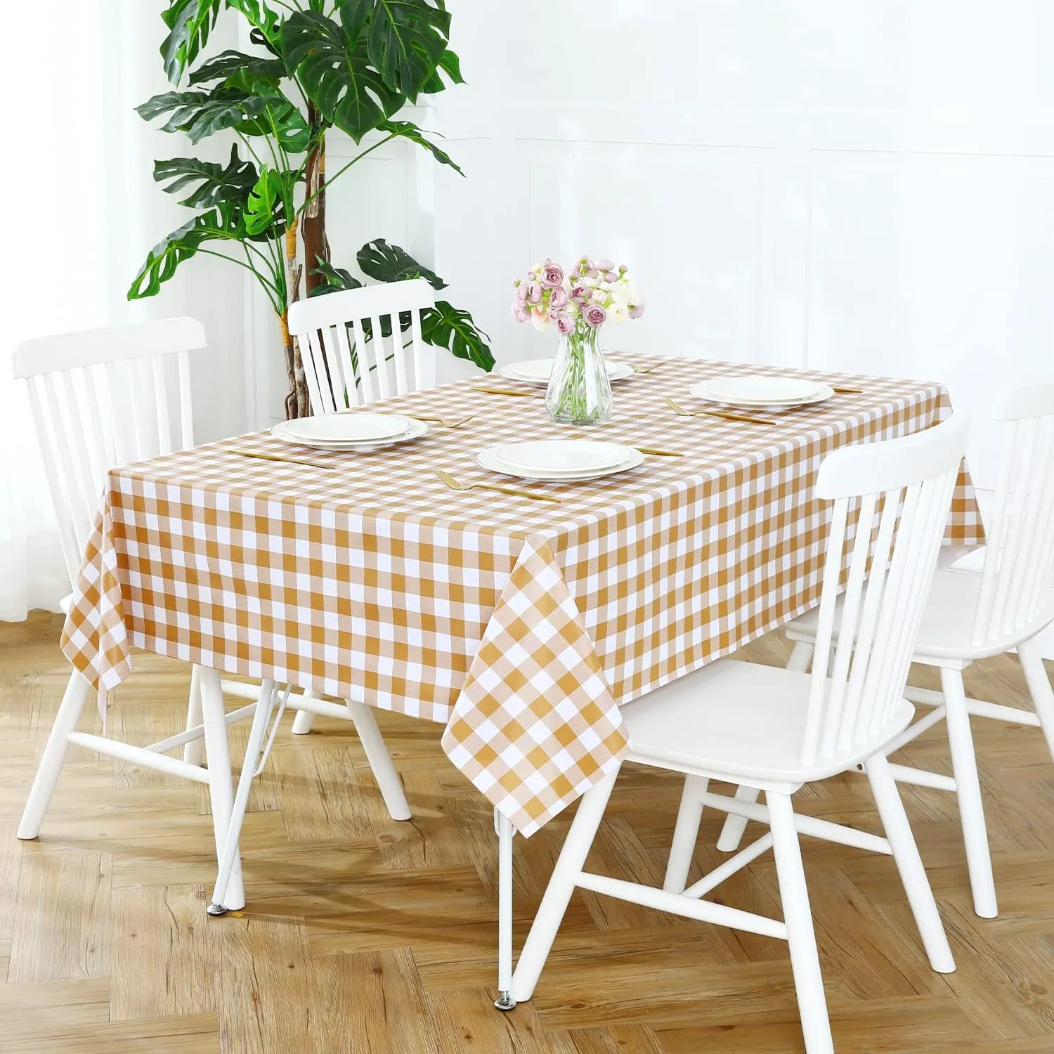 Romanstile Rectangle Vinyl PVC Tablecloth, 100% Waterproof Buffalo Plaid Plastic Table Cloth, Oil Proof Heavy Duty Wipeable Table Covers for Dining/Camping/Picnic/Outdoor - 54 x 108, Coffee and White