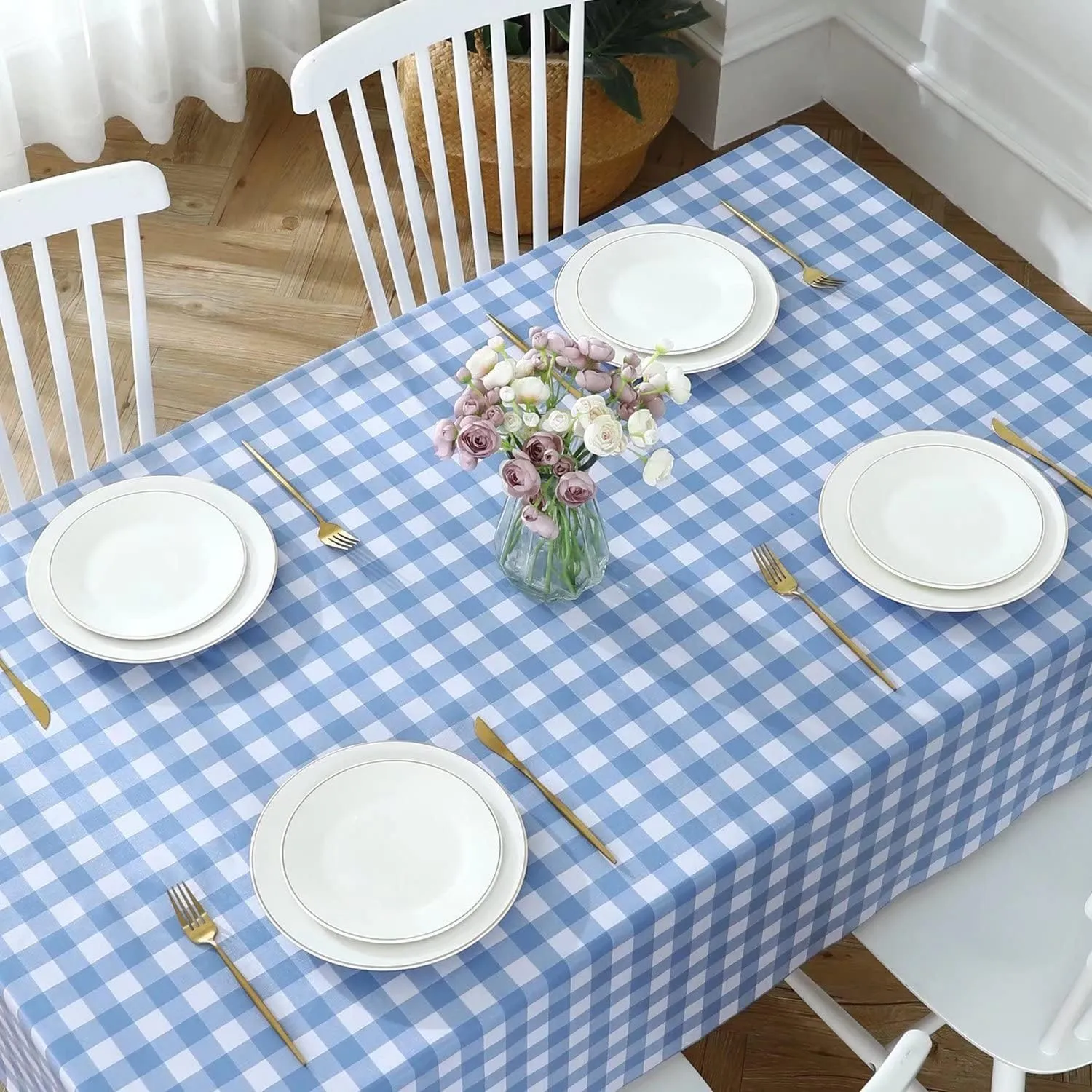 Romanstile Rectangle Vinyl PVC Tablecloth, 100% Waterproof Buffalo Plaid Plastic Table Cloth, Oil Proof Heavy Duty Wipeable Table Covers for Dining/Camping/Picnic/Outdoor - 54 x 108, Light Blue