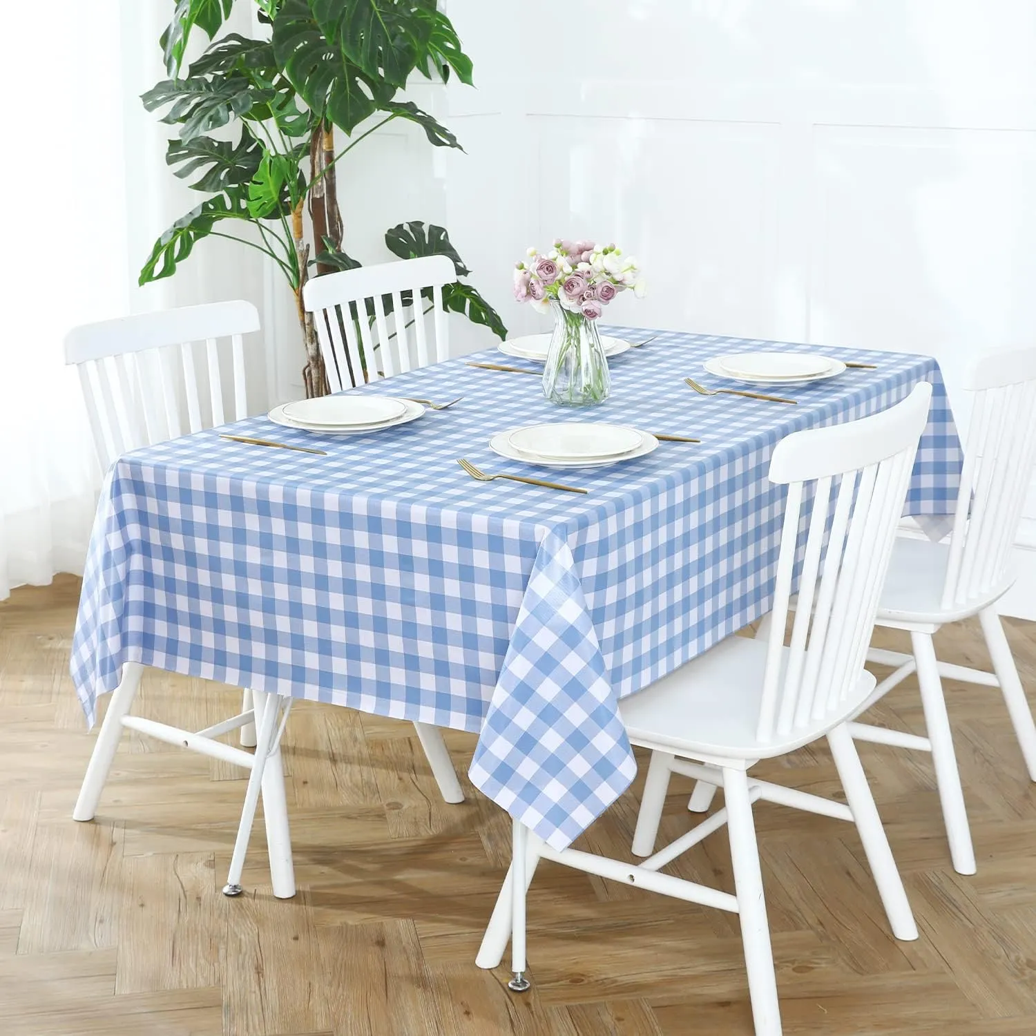 Romanstile Rectangle Vinyl PVC Tablecloth, 100% Waterproof Buffalo Plaid Plastic Table Cloth, Oil Proof Heavy Duty Wipeable Table Covers for Dining/Camping/Picnic/Outdoor - 54 x 108, Light Blue