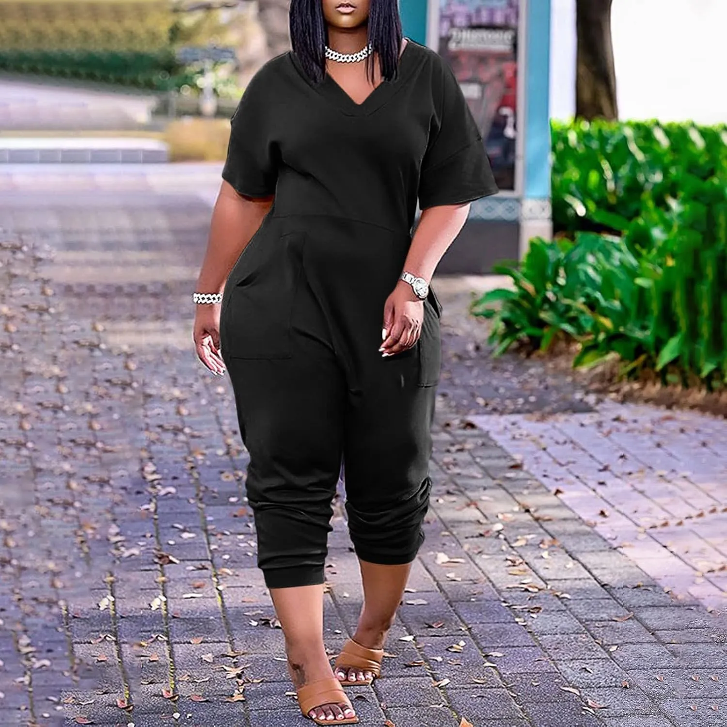 Romper, Women's Loose Solid Off Shoulder Elastic Waist Stretchy Long Romper Jumpsuit
