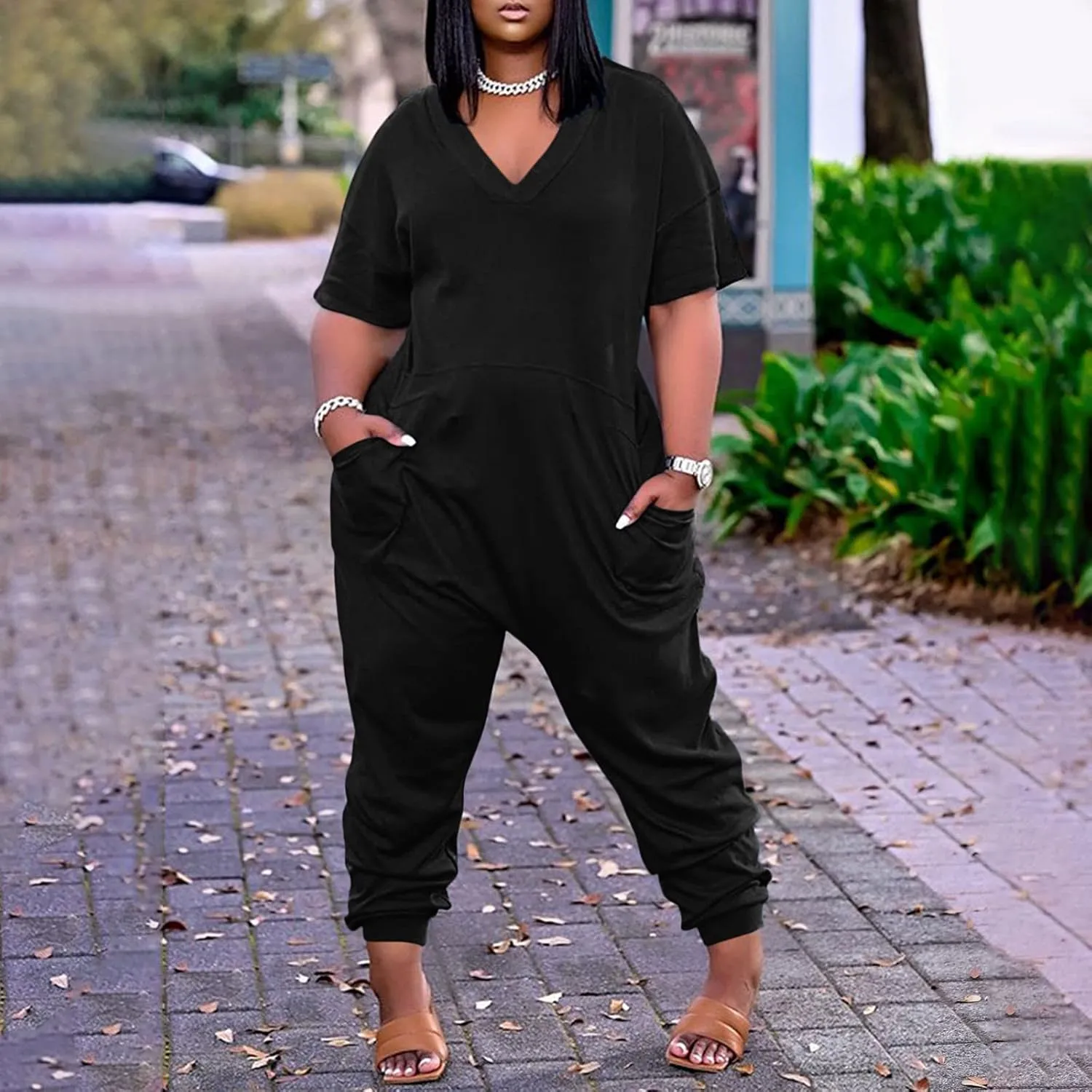 Romper, Women's Loose Solid Off Shoulder Elastic Waist Stretchy Long Romper Jumpsuit