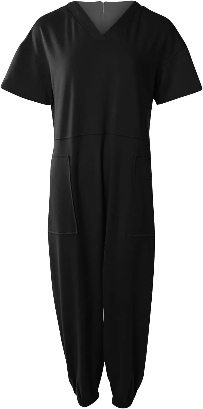 Romper, Women's Loose Solid Off Shoulder Elastic Waist Stretchy Long Romper Jumpsuit