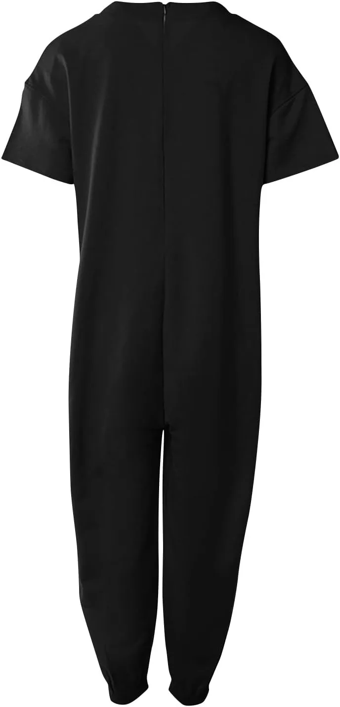 Romper, Women's Loose Solid Off Shoulder Elastic Waist Stretchy Long Romper Jumpsuit