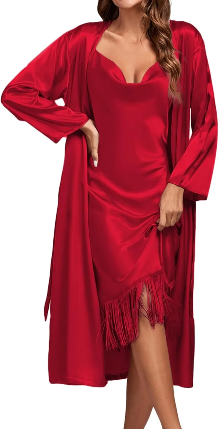 Rooscier Women's Satin Silky 2 Pcs Pajamas Set Slip Fringe Nightgown with Robe Sleepwear
