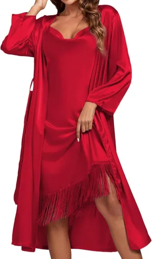 Rooscier Women's Satin Silky 2 Pcs Pajamas Set Slip Fringe Nightgown with Robe Sleepwear