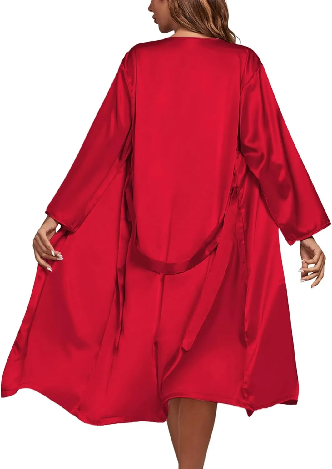 Rooscier Women's Satin Silky 2 Pcs Pajamas Set Slip Fringe Nightgown with Robe Sleepwear