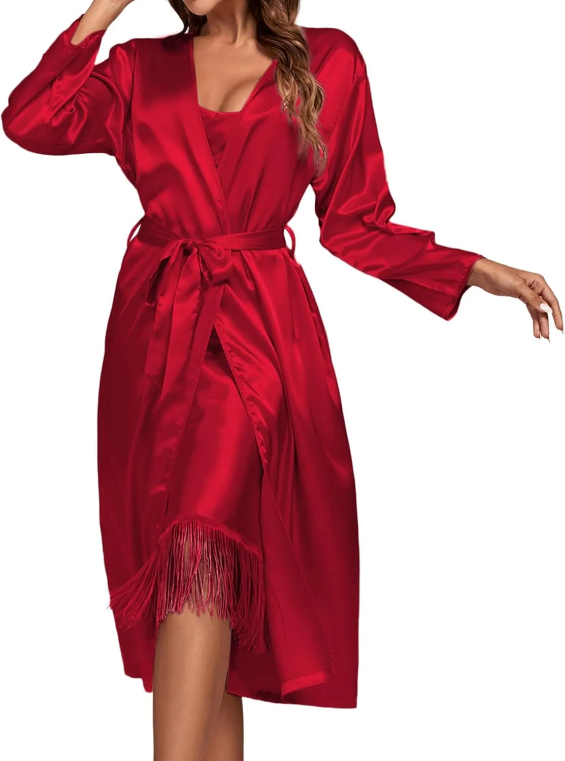 Rooscier Women's Satin Silky 2 Pcs Pajamas Set Slip Fringe Nightgown with Robe Sleepwear