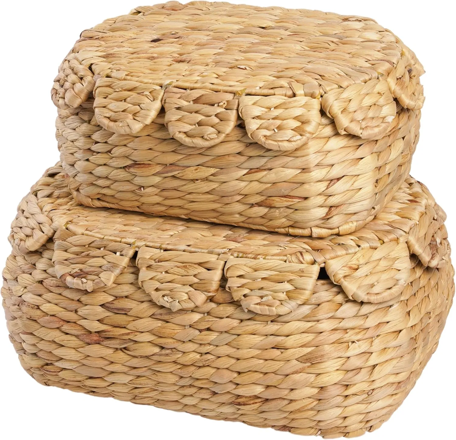 Round Wicker Storage Baskets with Lid, Rattan Basket Decorative Boxes, Woven Storage Box Hyacinth Basket with Lids, Scalloped Edge Wicker Basket with Lid, Set of 2