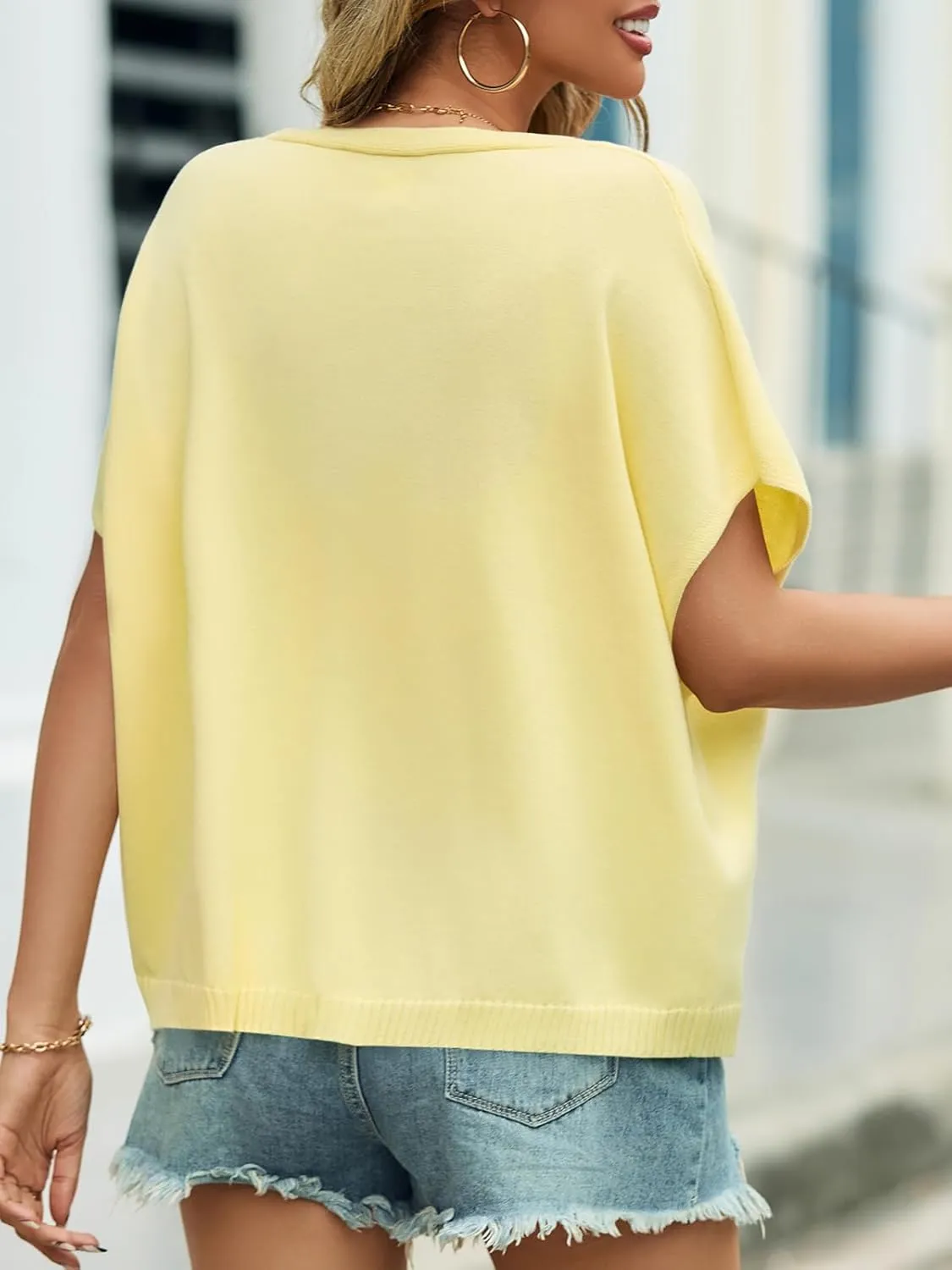 Saodimallsu Womens Summer Oversized Cardigans Batwing Short Sleeve Lightweight Button V Neck Casual Knit Sweater Tops