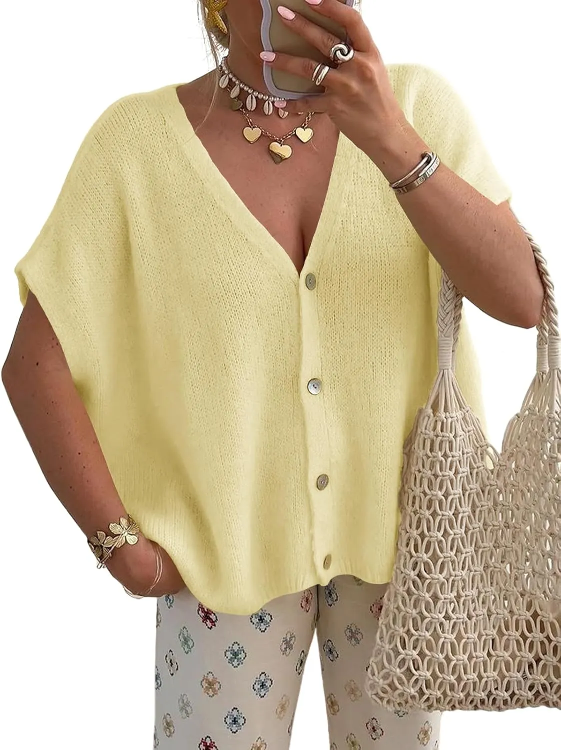 Saodimallsu Womens Summer Oversized Cardigans Batwing Short Sleeve Lightweight Button V Neck Casual Knit Sweater Tops