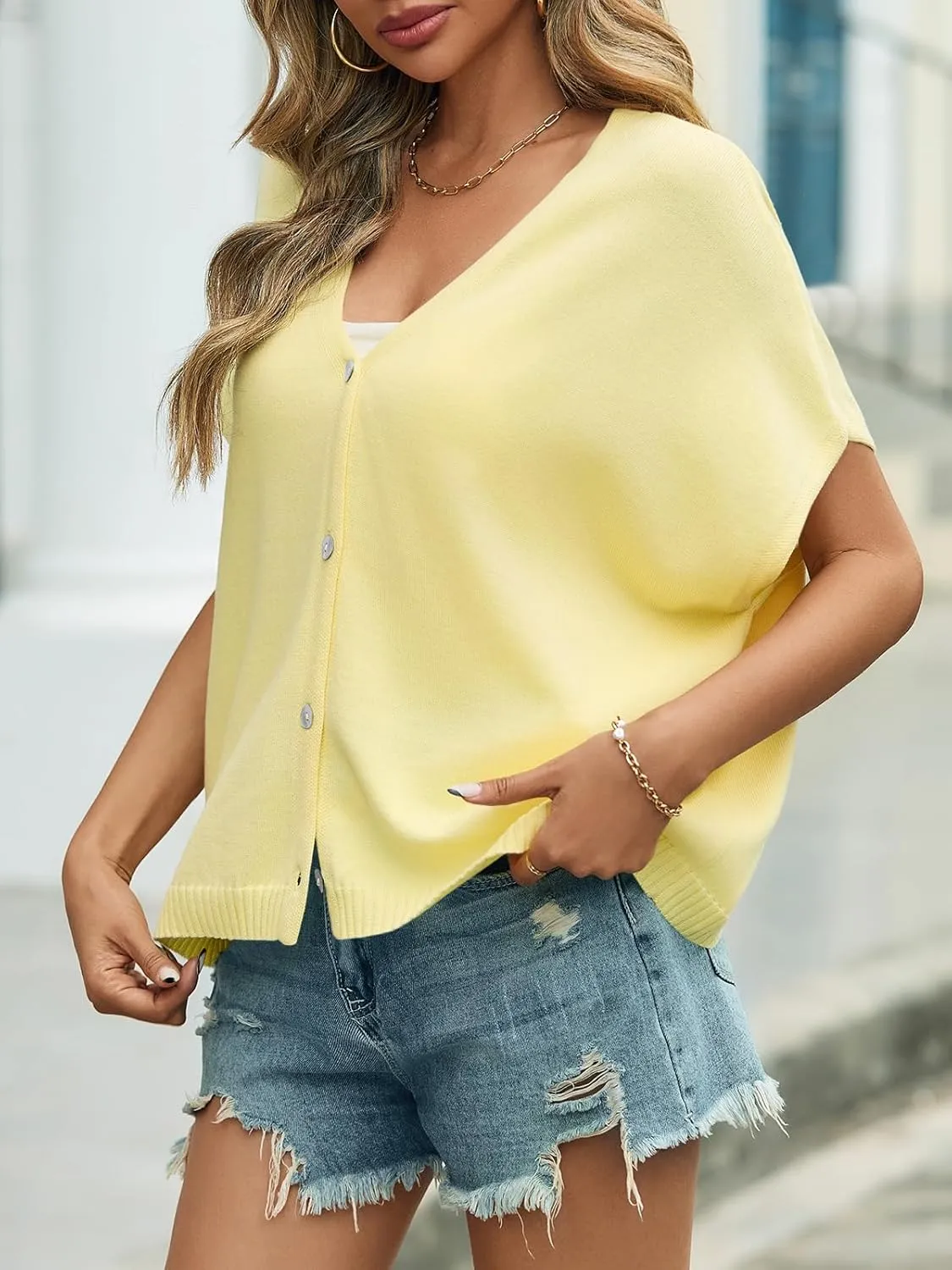 Saodimallsu Womens Summer Oversized Cardigans Batwing Short Sleeve Lightweight Button V Neck Casual Knit Sweater Tops