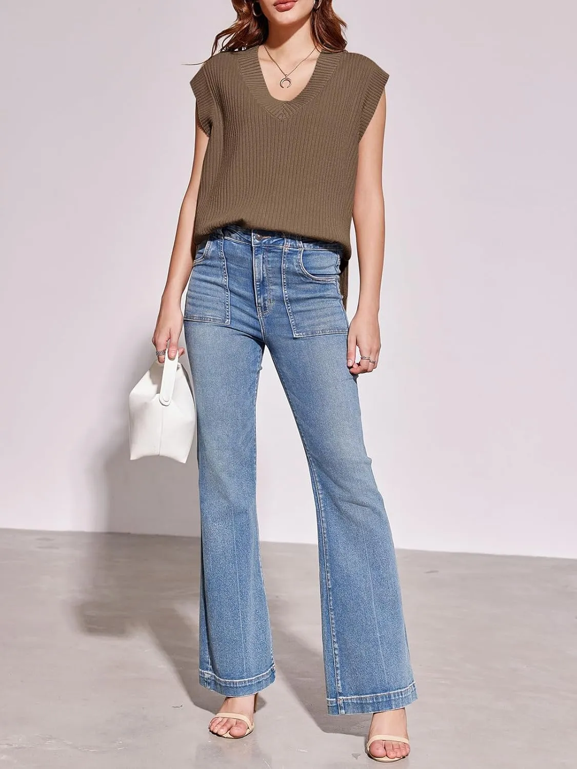 Saodimallsu Womens V Neck Sweater Vest Oversized Ribbed Knit Sleeveless Casual Loose Fit Pullover Tank Top