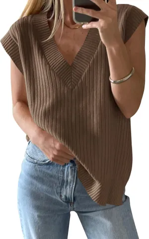 Saodimallsu Womens V Neck Sweater Vest Oversized Ribbed Knit Sleeveless Casual Loose Fit Pullover Tank Top