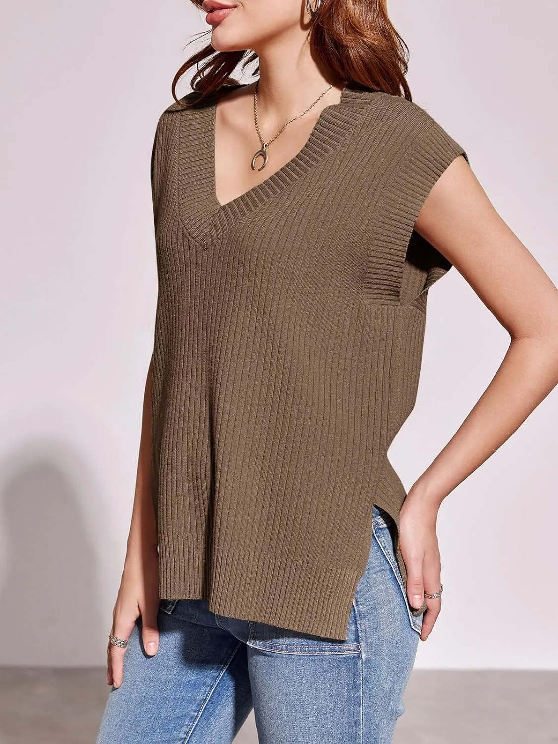 Saodimallsu Womens V Neck Sweater Vest Oversized Ribbed Knit Sleeveless Casual Loose Fit Pullover Tank Top