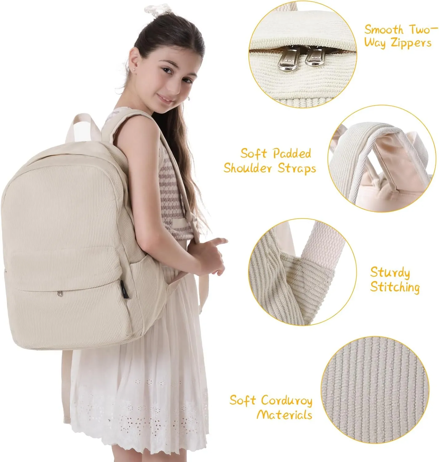 School Backpack for Girls Teen Girl Backpacks Bookbags with Lunch Box for Kids(Beige)