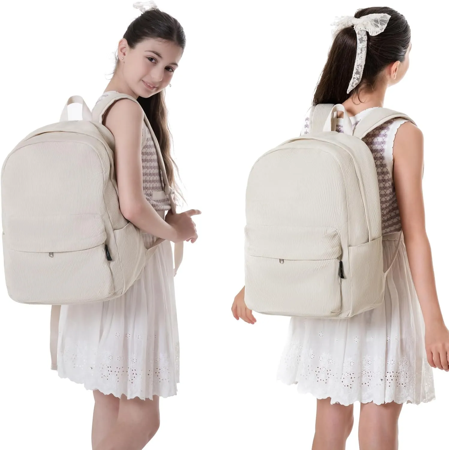 School Backpack for Girls Teen Girl Backpacks Bookbags with Lunch Box for Kids(Beige)
