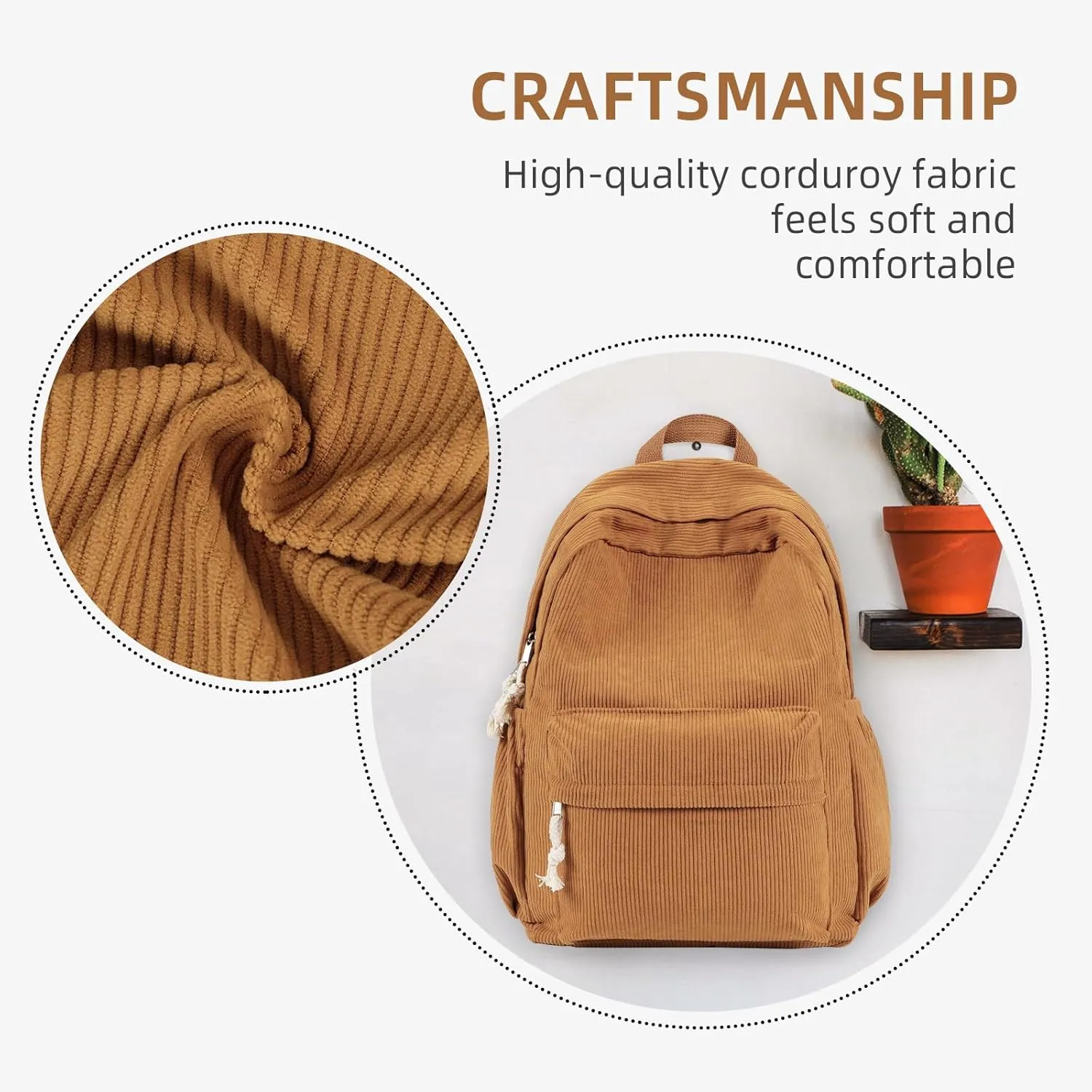 School Backpack for Teens, Corduroy Bookbag with 6X Cute Pin Accessories, Lightweight High School College Laptop Bags, Women Travel Daypacks