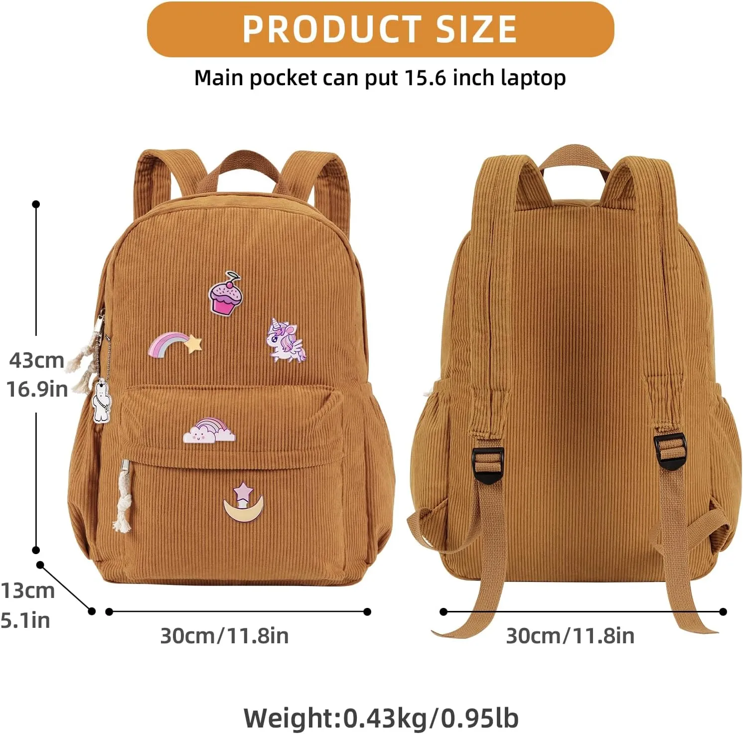 School Backpack for Teens, Corduroy Bookbag with 6X Cute Pin Accessories, Lightweight High School College Laptop Bags, Women Travel Daypacks
