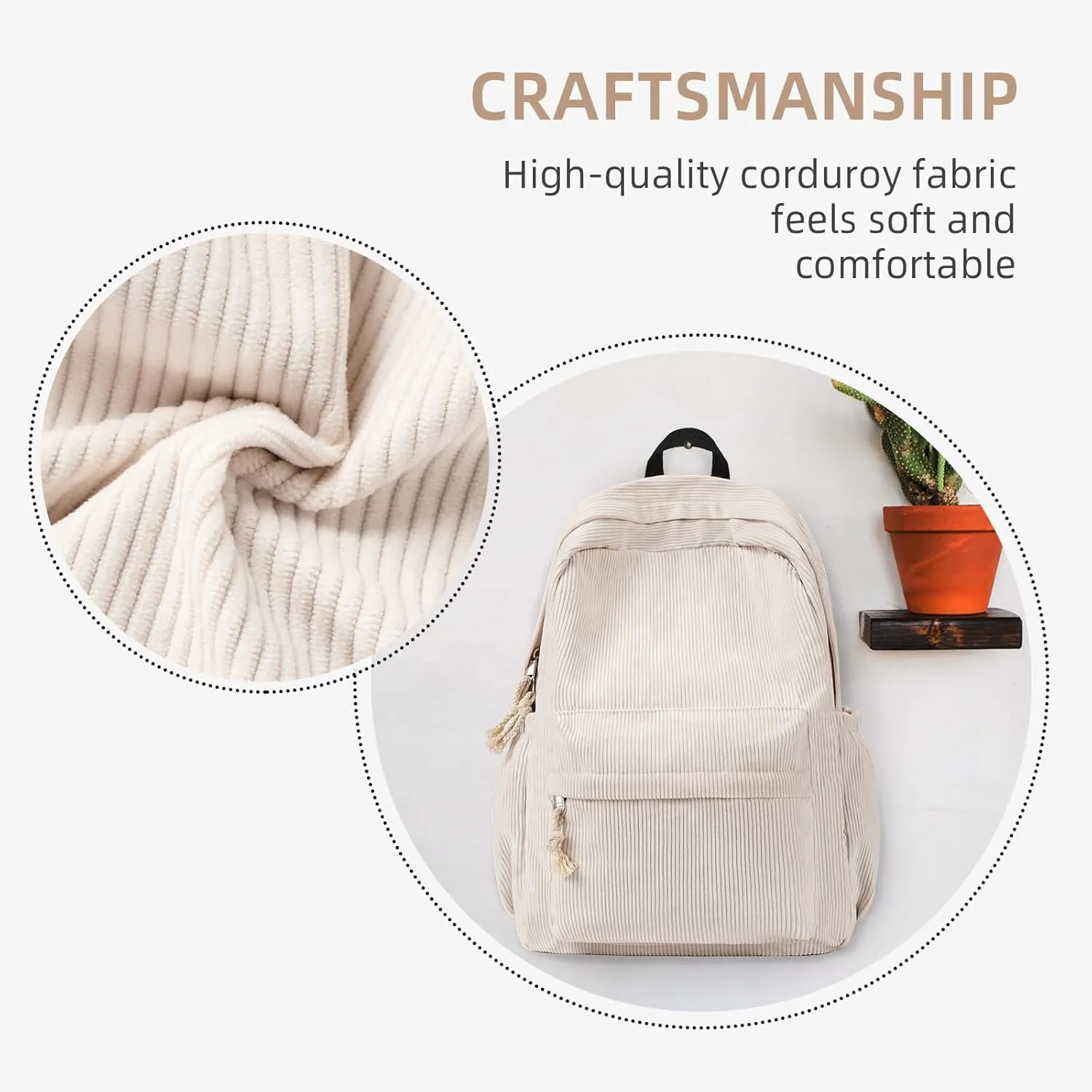 School Backpack for Teens, Corduroy Bookbag with 6X Cute Pin Accessories, Lightweight High School College Laptop Bags, Women Travel Daypacks