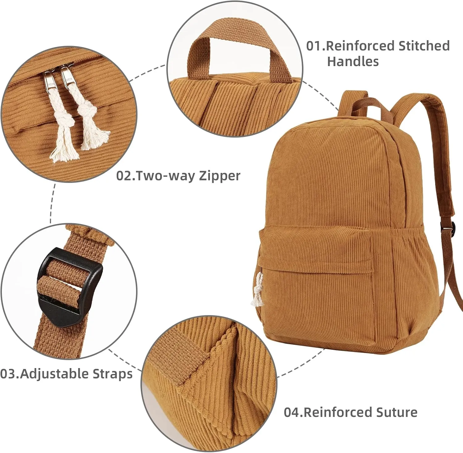 School Backpack for Teens, Corduroy Bookbag with 6X Cute Pin Accessories, Lightweight High School College Laptop Bags, Women Travel Daypacks